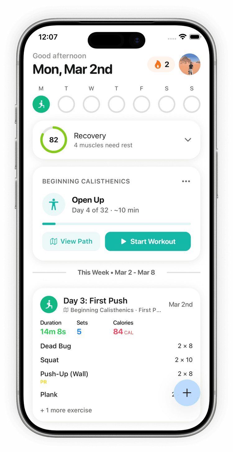 Fitloop home screen with guided path, recovery tracking, and workout history