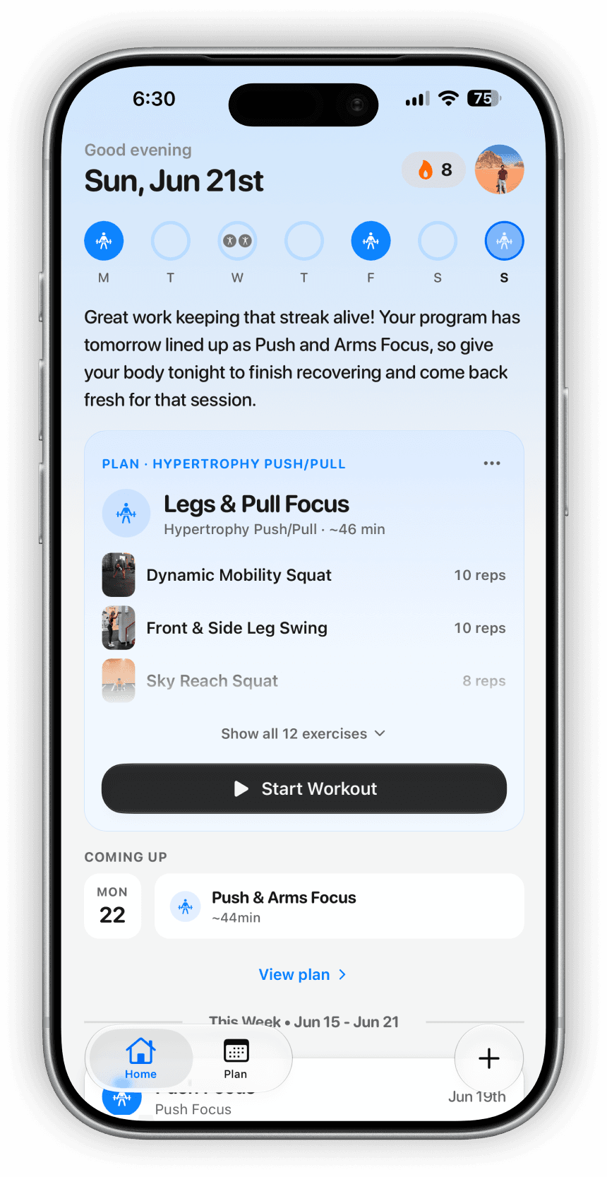 Fitloop home screen with your plan, daily coaching, and what to train next