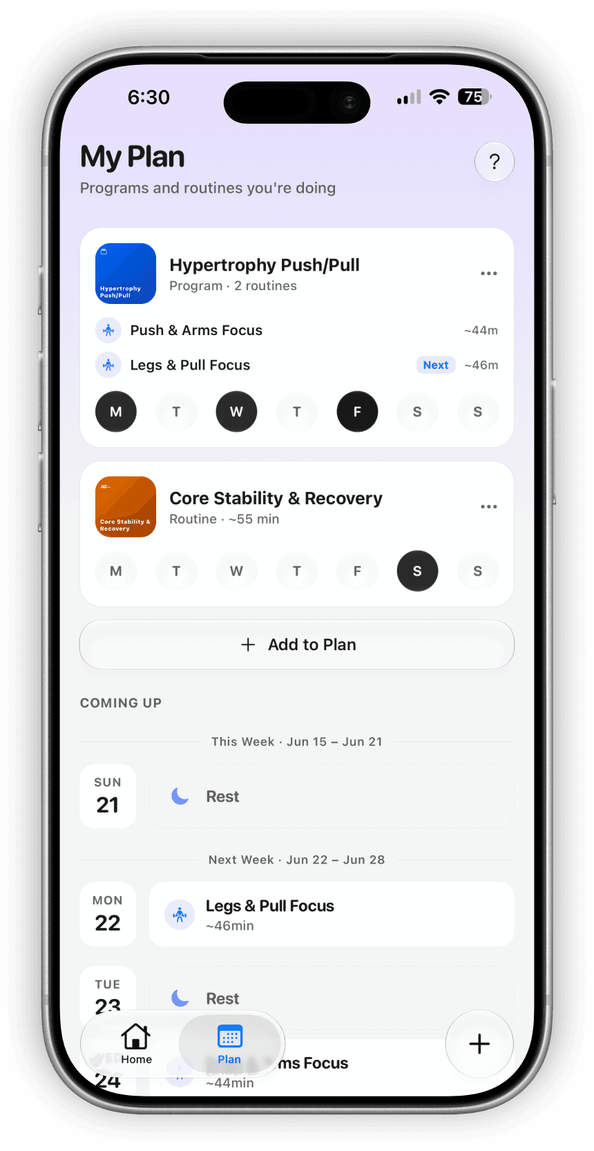 Fitloop weekly plan with scheduled programs and routines