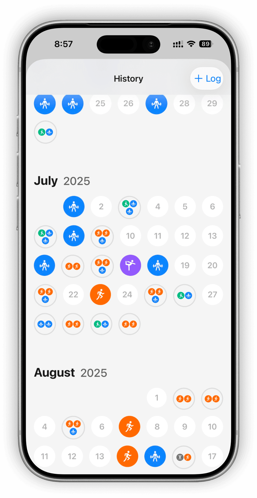 Fitloop workout history calendar and progress tracking